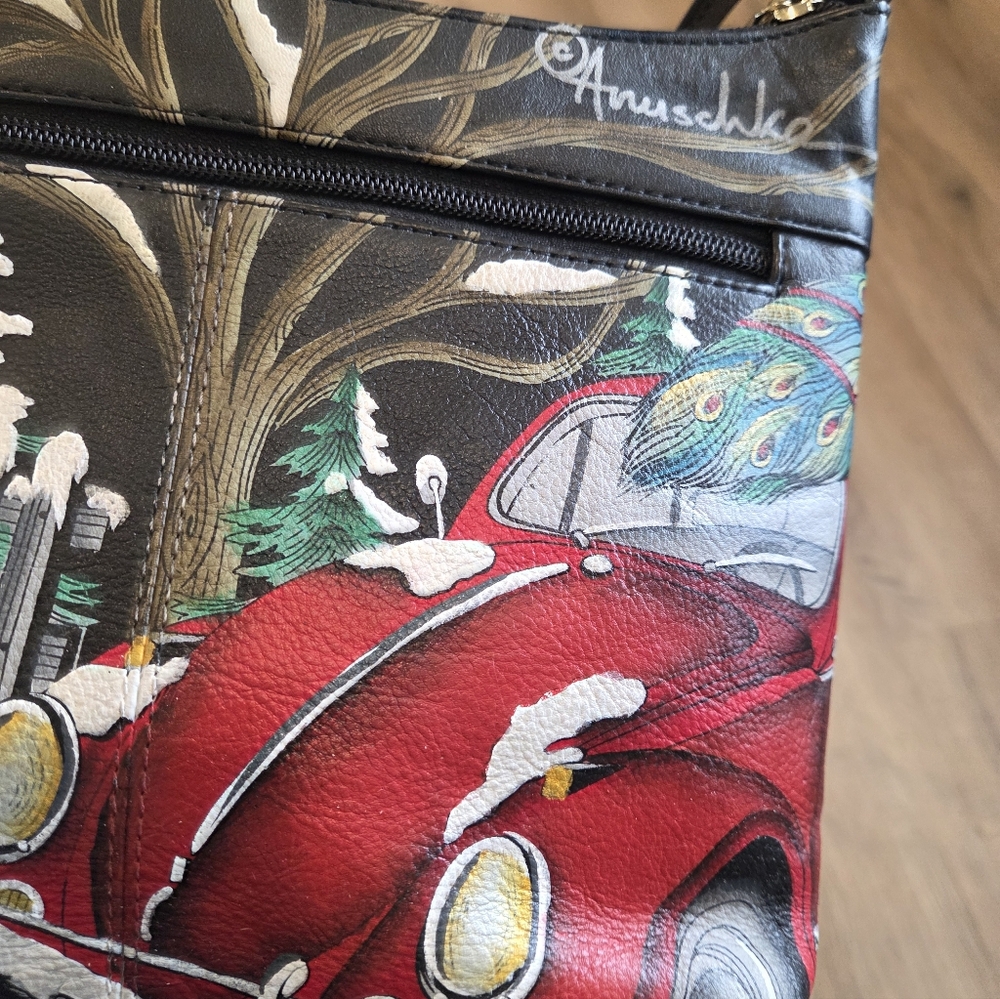 Anuschka Hand-Painted Leather Crossbody Peacock Winter Tree Design Colorful Art - Picture 5 of 13